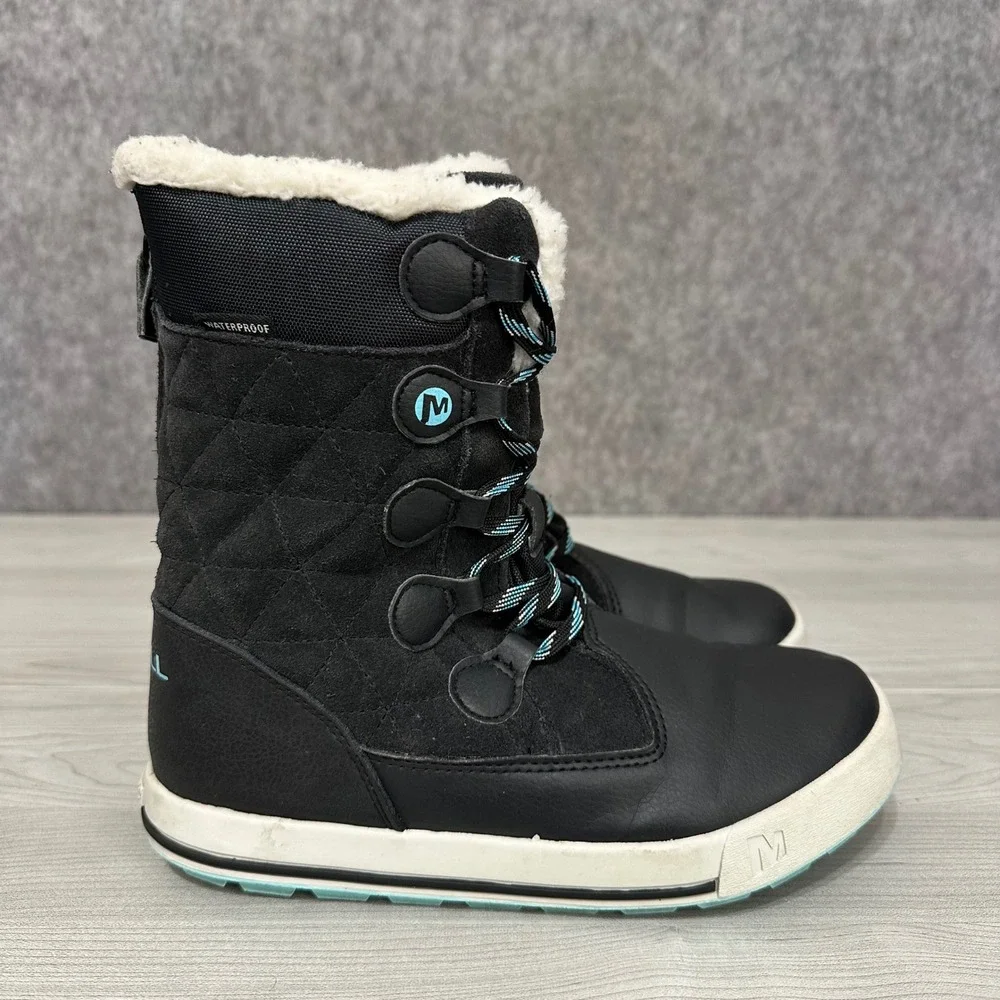 Merrell‎ Heidi Waterproof Boots Kids 3M Black Quilted Faux Fur Winter Snow